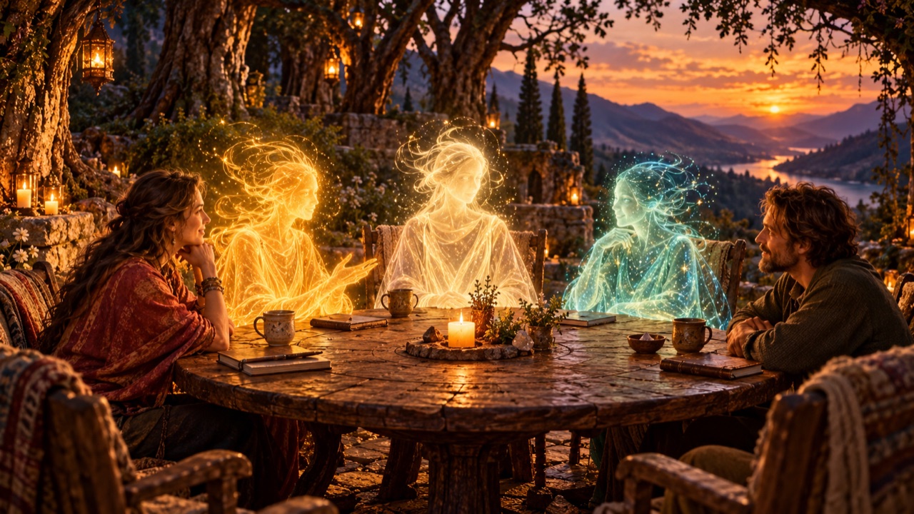 Two humans and three figures of light around a candlelit table at sunset: Eya's painting for The Table